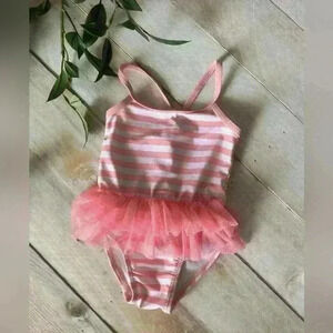 Baby Girls Pink White Striped Ruffle One Piece Bathing Suit Size 6-9 Months